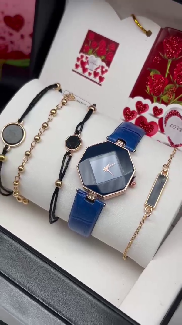 Elegant Women's Valentine Gift Pack - Watch & Bracelet Set 5pcs blue