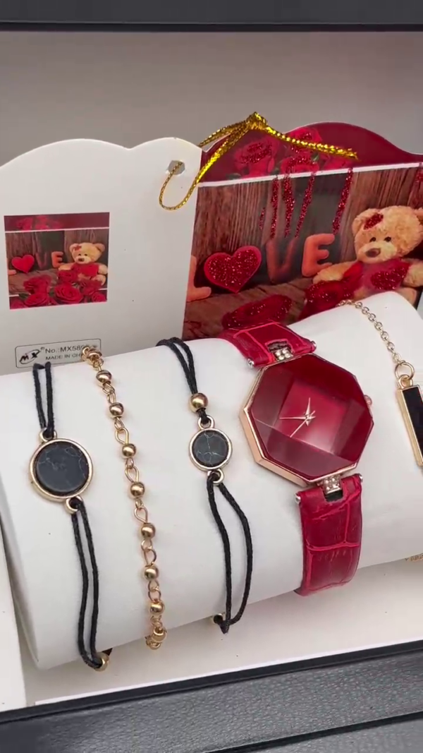 Elegant Women's Valentine Gift Pack - Watch & Bracelet Set 5pcs red