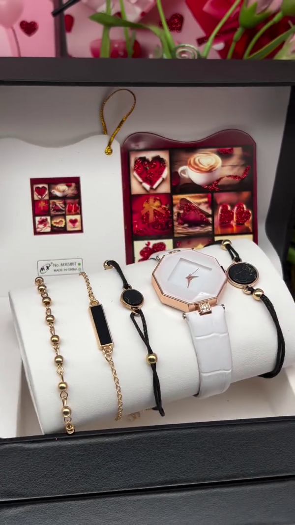 Elegant Women's Valentine Gift Pack - Watch & Bracelet Set 5pcs white
