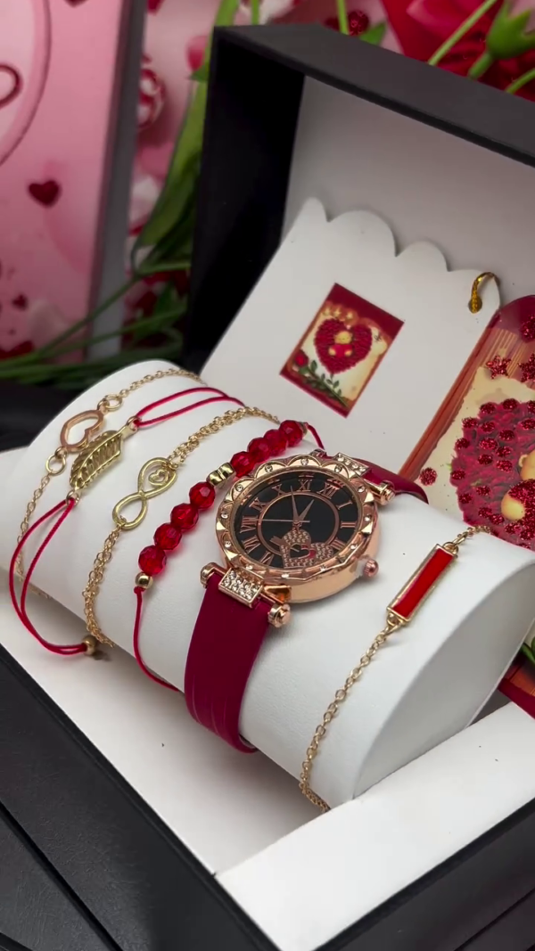 Elegant Women's Valentine Gift Pack - Watch & Bracelet Set 6pcs red