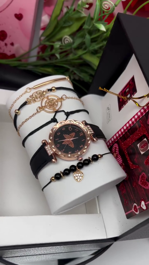 Elegant Women's Valentine Gift Pack - Watch & Bracelet Set 6pcs black