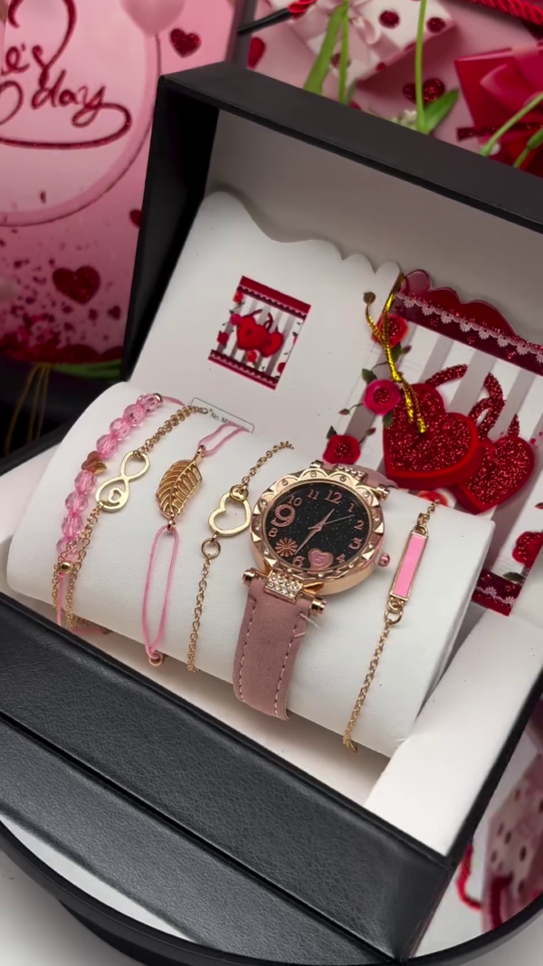 Elegant Women's Valentine Gift Pack - Watch & Bracelet Set 6pcs pink