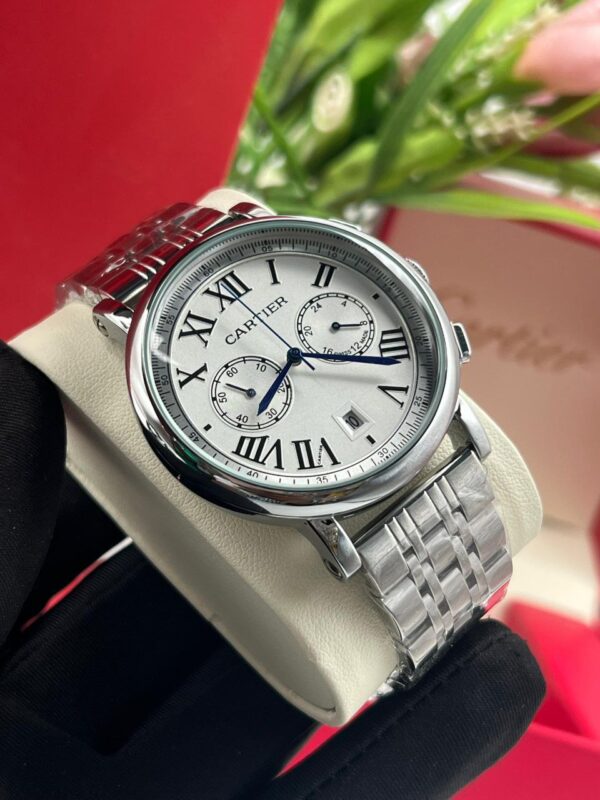 Cartier Chronography Luxury Watch white dial silver band