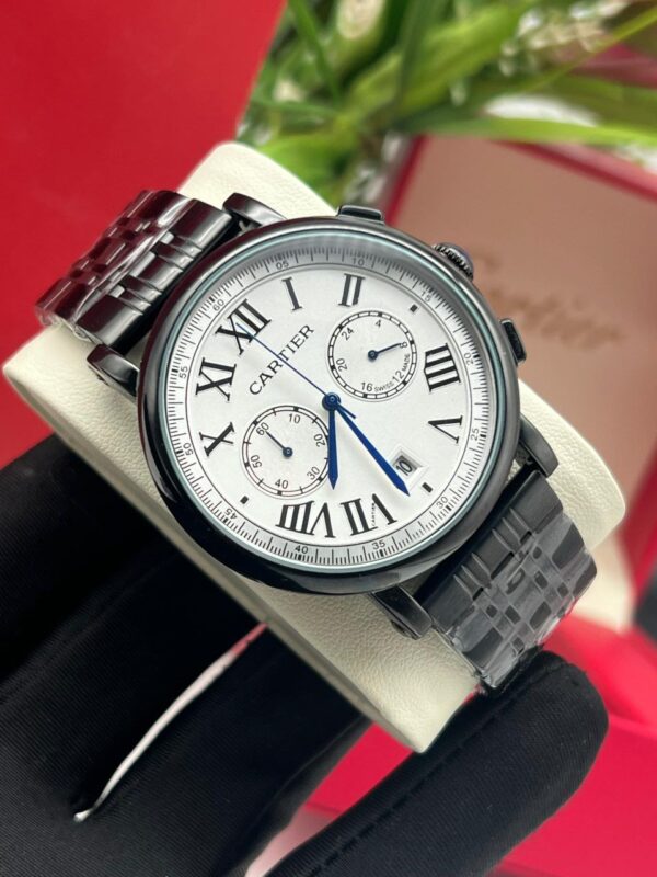 Cartier Chronography Luxury Watch white dial black chain